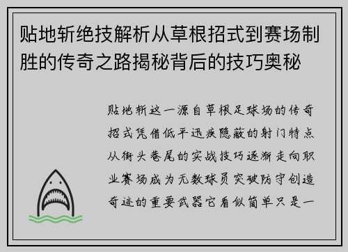 贴地斩绝技解析从草根招式到赛场制胜的传奇之路揭秘背后的技巧奥秘